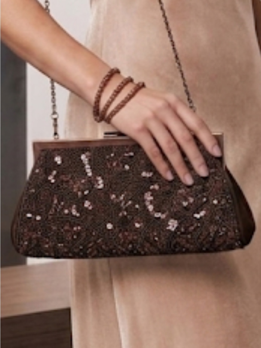 Carlo Fellini Beaded Kiss Lock Crossbody Clutch Wristlet 2 Chains Brown Copper - Picture 16 of 16